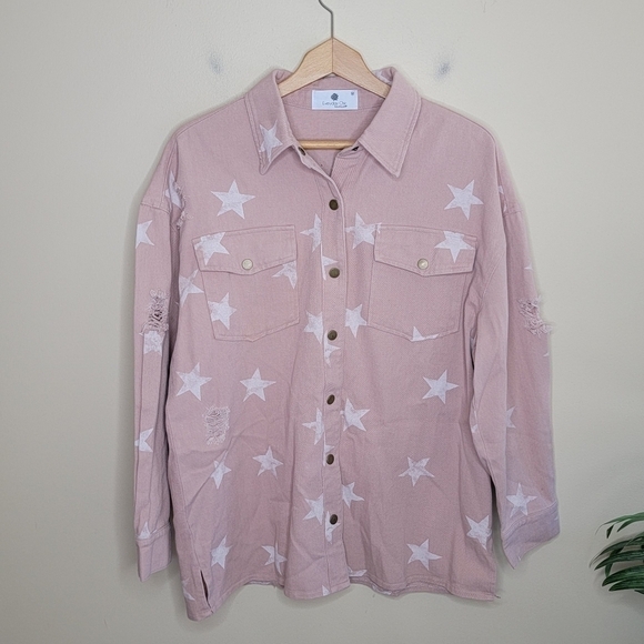 Everyday Chic Boutique | Light Pink Stand Out Star Printed Shirt Jacket Shacket - Picture 1 of 6